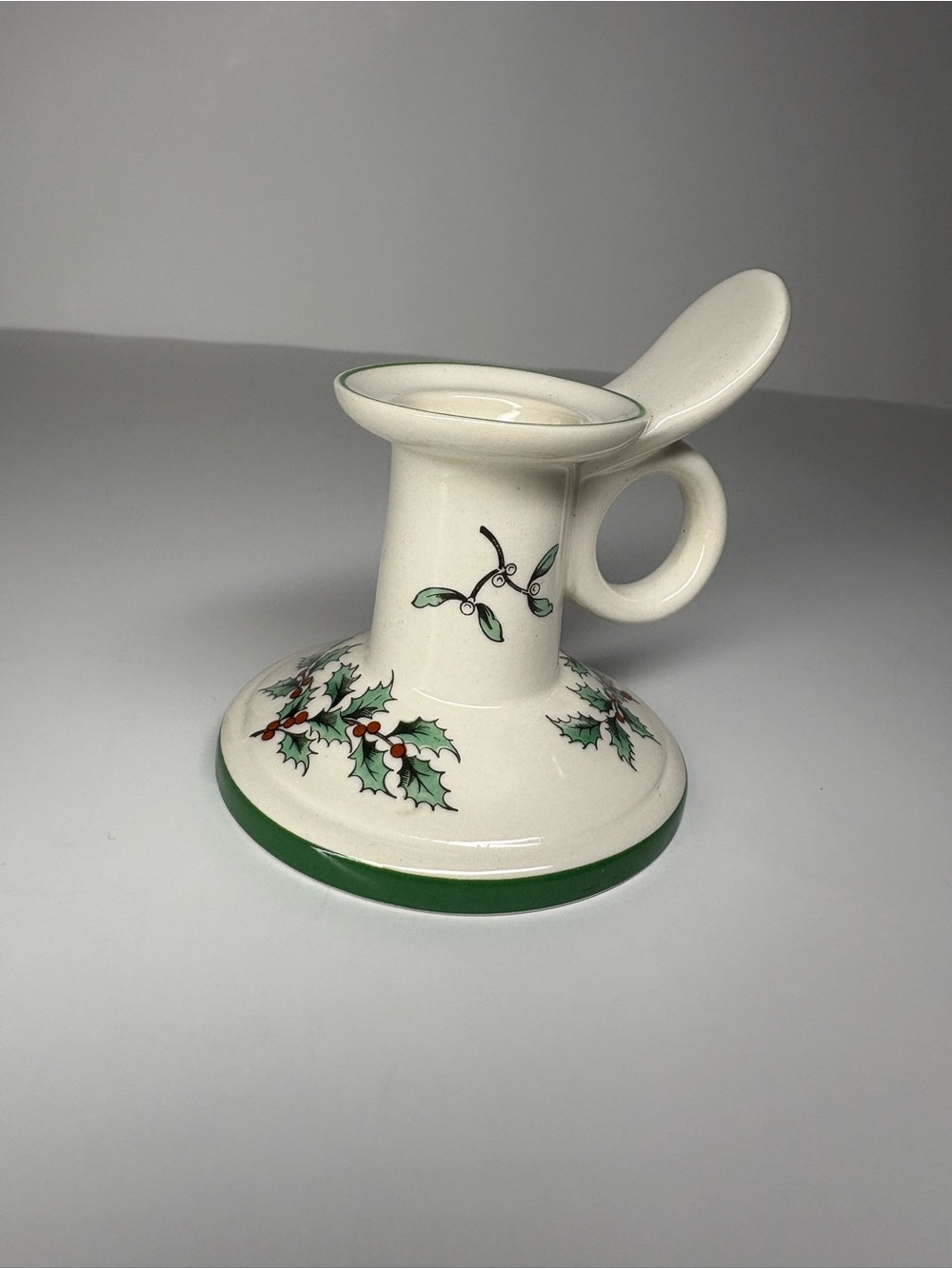 Spode Holly Pattern Ceramic Chamberstick - White, Green, Red